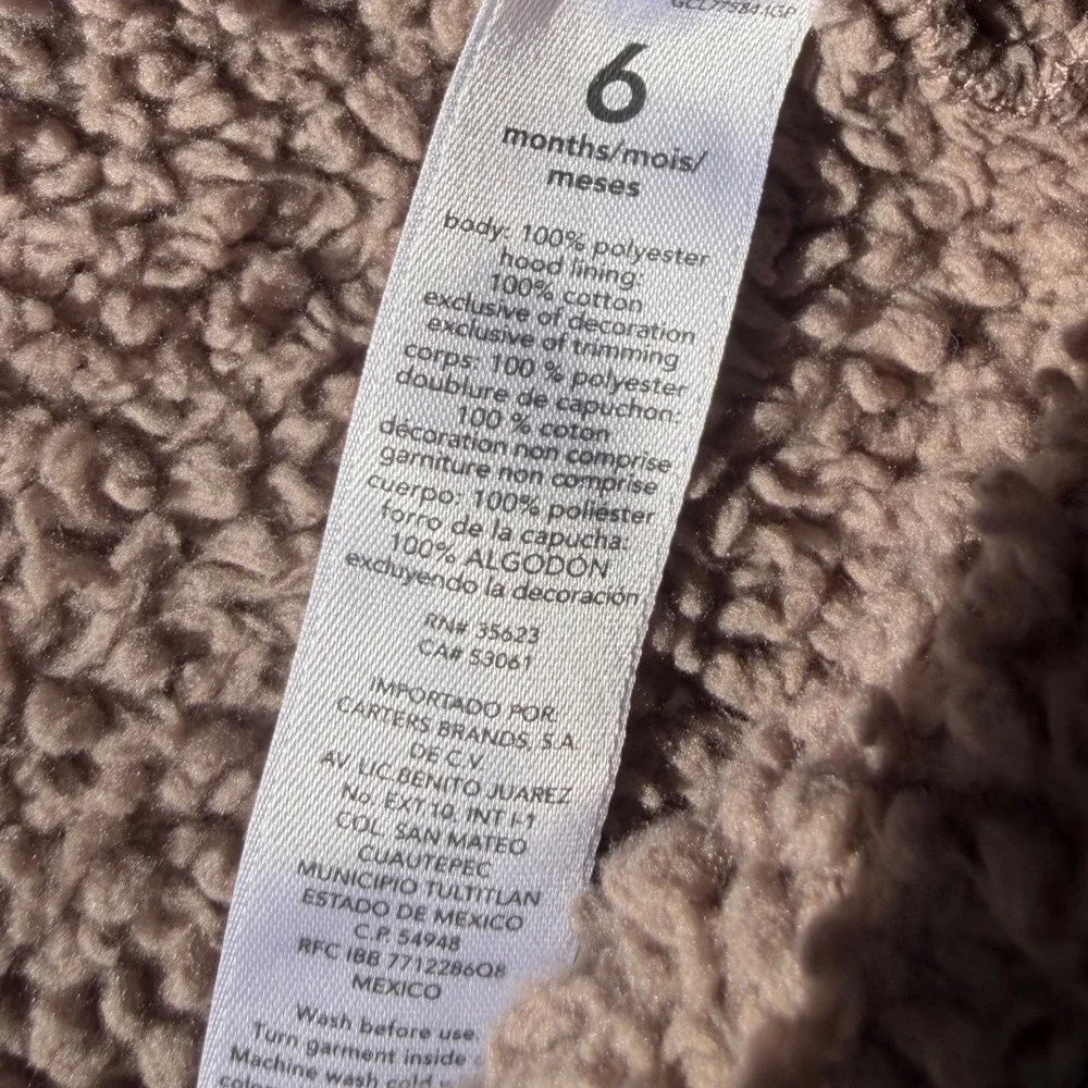Carters Baby Sherpa Fleece Pram Suit Hooded Bunting Brown 6 Months